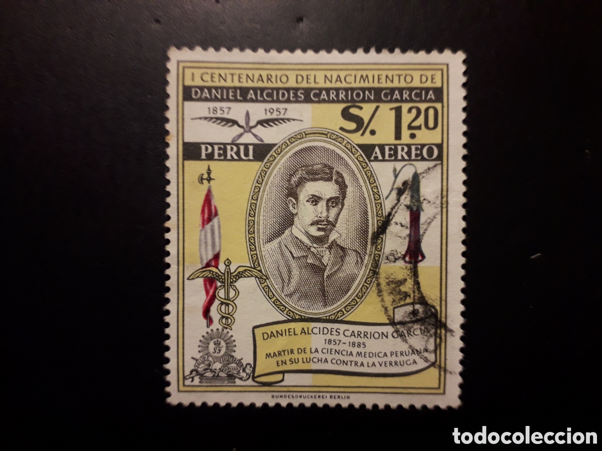 Sellos: PER&Uacute; YVERT A 143 SELLO SUELTO USADO 1958 DANIEL ALCIDES CARRI&Oacute;N, MEDICINA PEDIDO M&Iacute;NIMO 3&euro;
