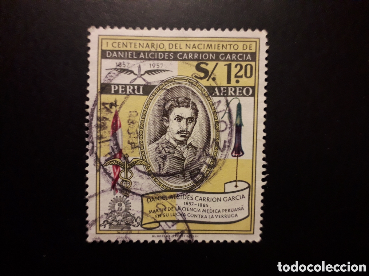 Sellos: PER&Uacute; YVERT A 143 SELLO SUELTO USADO 1958 DANIEL ALCIDES CARRI&Oacute;N, MEDICINA PEDIDO M&Iacute;NIMO 3&euro;