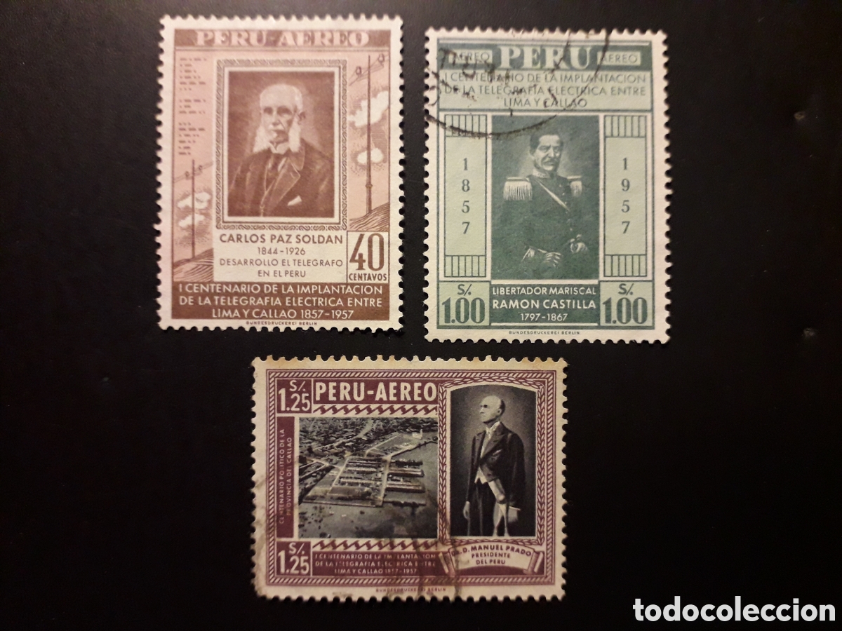Sellos: PER&Uacute; YVERT A 135/7 SERIE COMPLETA USADA 1958 TEL&Eacute;GRAFO LIMA-CALLAO PEDIDO M&Iacute;NIMO 3&euro;