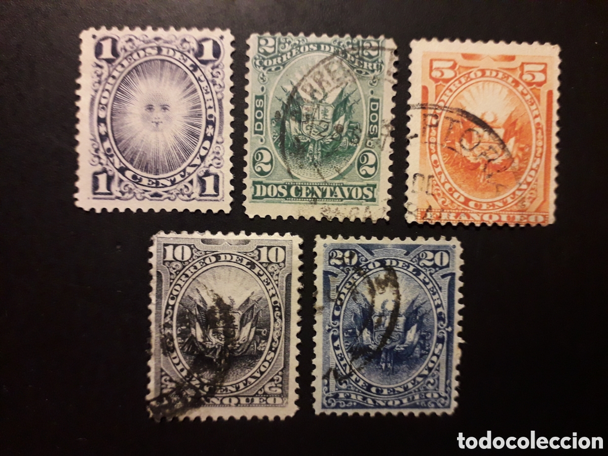 Sellos: PER&Uacute; YVERT 76/80 SIN 81/2 SERIE CORTA USADA SELLO SUELTO USADO 1884-86 SOL Y ESCUDO PEDIDO M&Iacute;NIMO 3&euro;