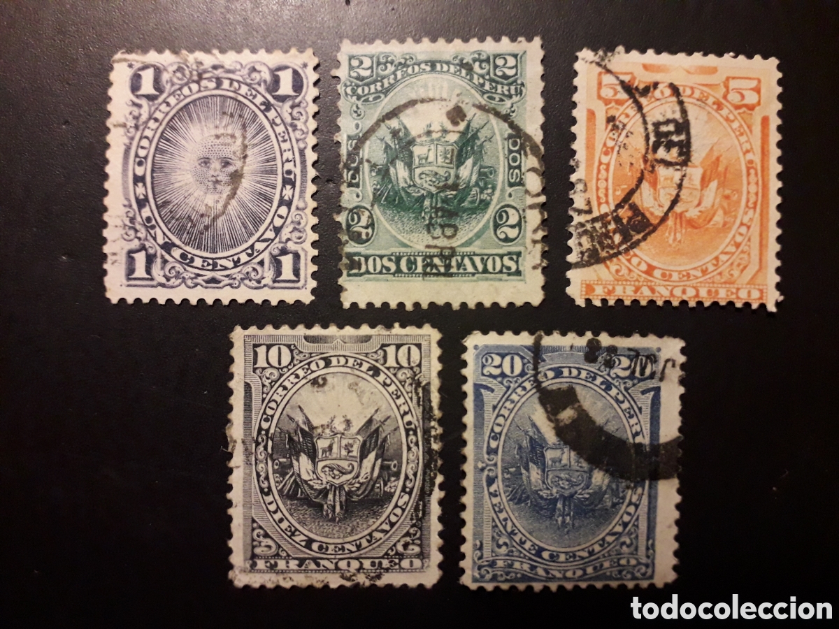 Sellos: PER&Uacute; YVERT 76/80 SIN 81/2 SERIE CORTA USADA 1884-86 SOL Y ESCUDO PEDIDO M&Iacute;NIMO 3&euro;