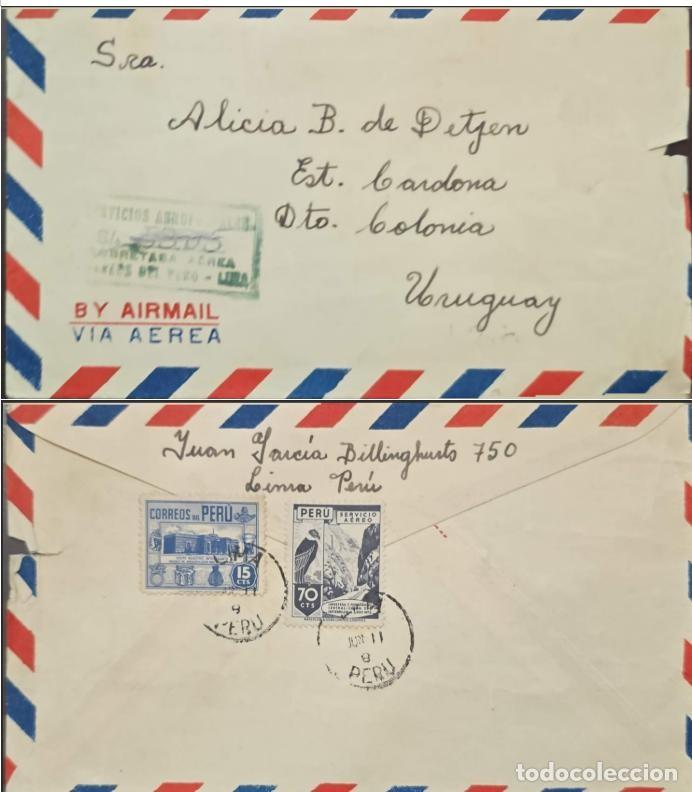 Sellos: MI) 1938, PERU, AIRMAIL, COVER SENT FROM LIMA TO CARDONA, URUGUAY, FEATURING THE INFIERNILLO CANYON