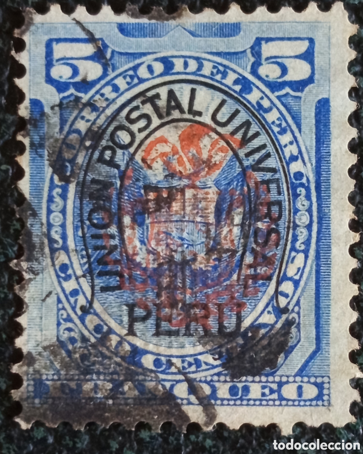 Sellos: Per&uacute; 1899 Sello con sobrecarga provisional &rdquo;PERU&rdquo; 5 centavos azul (Michel 127)