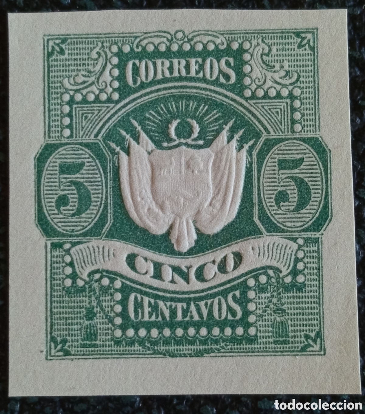 Sellos: Sello Entero Postal Per&uacute; 1874 Escudo 5 Centavos Verde Recorte Scott U4