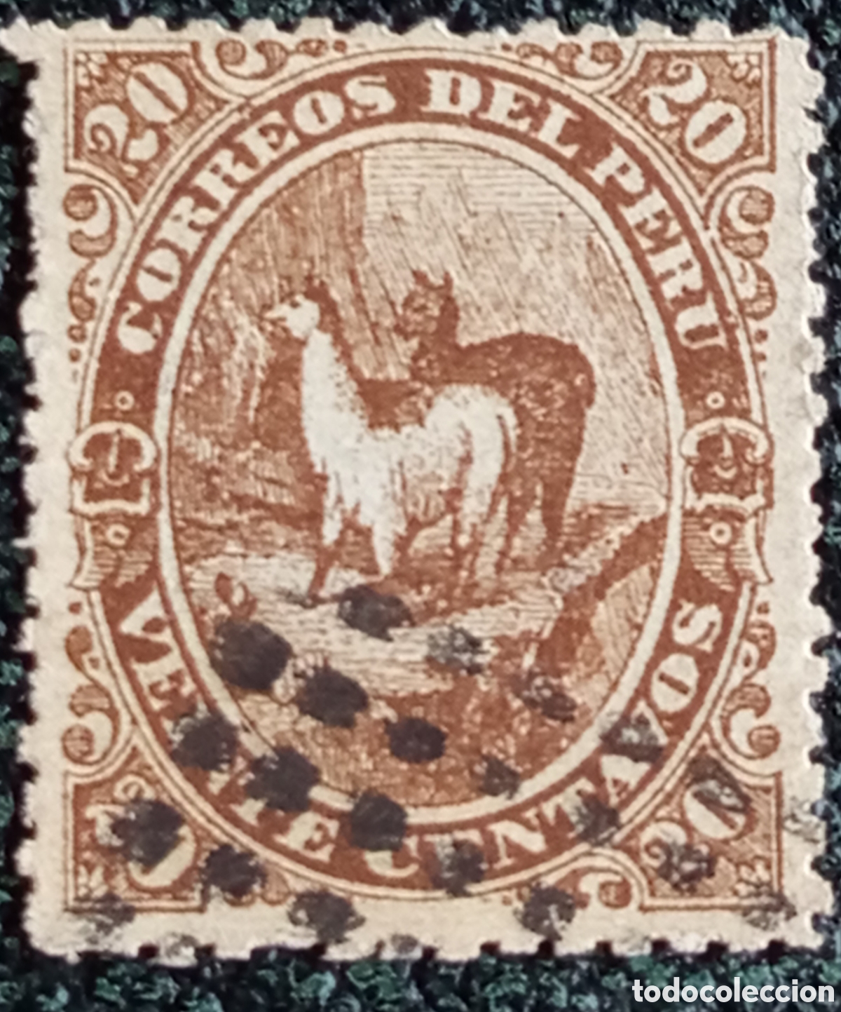 Sellos: Per&uacute; 1867 - Serie Llamas, Rarer 20c Marr&oacute;n, Usado (Scott #18) Cl&aacute;sico