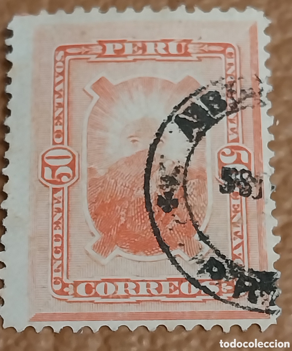 Timbres: Sello Per&uacute; 1905 Dios Sol Inca Inti 50c Naranja Usado Cat Scott 157 Matasellado