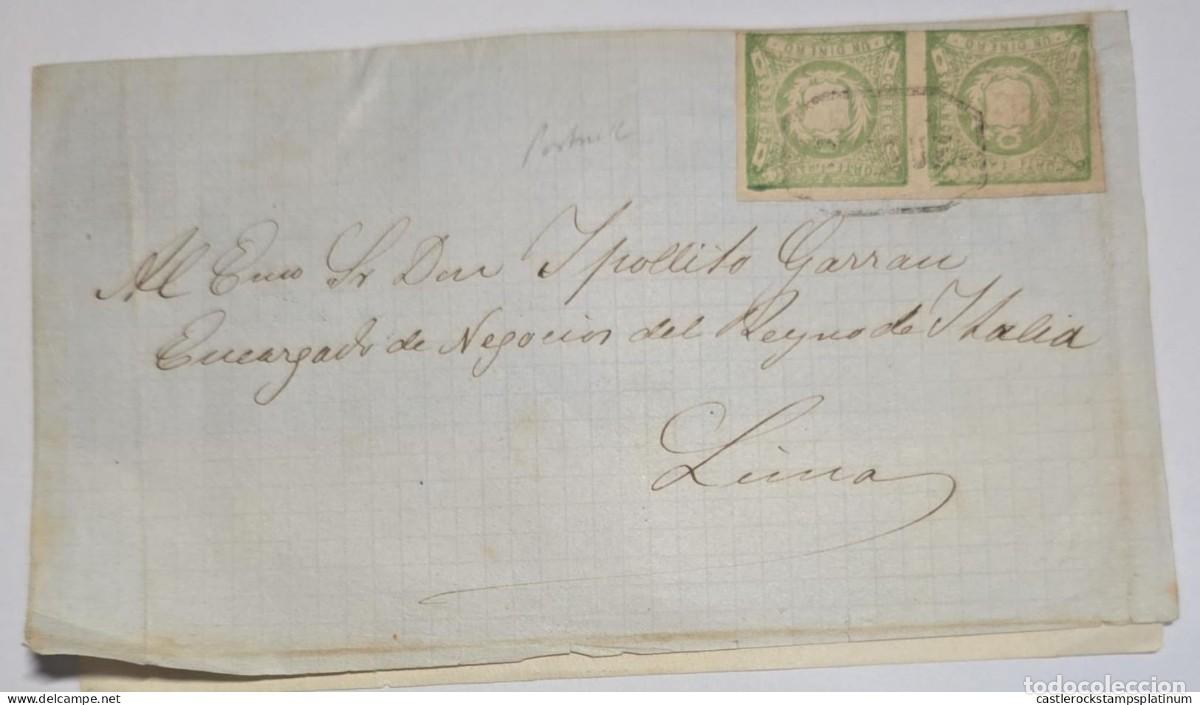 Sellos: O) 1868 circa, PERU, IQUIQUE, COAT OF ARMS 1 dinero green SCT 14, PAIR, CIRCULATED COVER TO LIMA