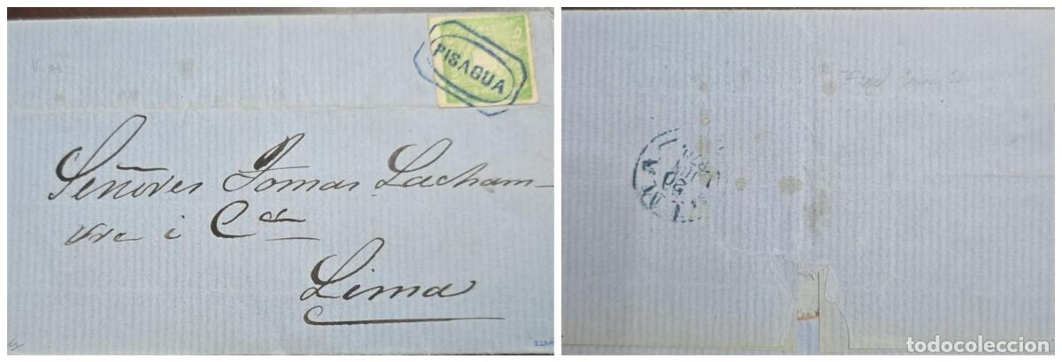 Sellos: O) 1872 circa, PERU, PISAGUA BOX CANCELLATION IN BLUE, COAT OF ARMS 1 dinero green SCT 14, CIRCULAT