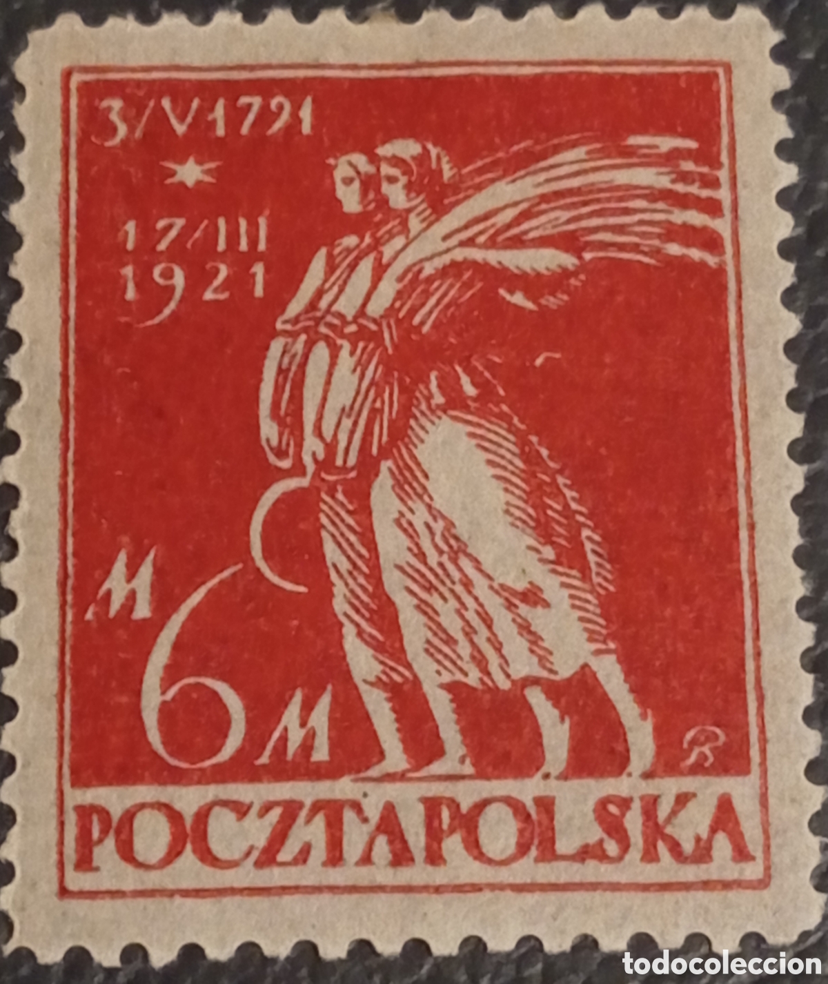 Sellos: Polonia 1921 - Sello 6M Rojo &rdquo;Constituci&oacute;n de Marzo&rdquo; - Cat&aacute;logo Michel N&ordm; 167 Nuevo MH*