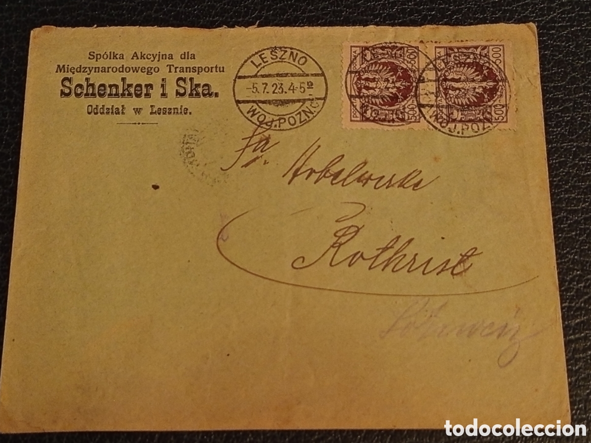 Francobolli: Sobre Comercial 1923 Schenker i Ska. Leszno (Polonia) a Rothrist (Suiza) - Historia Postal