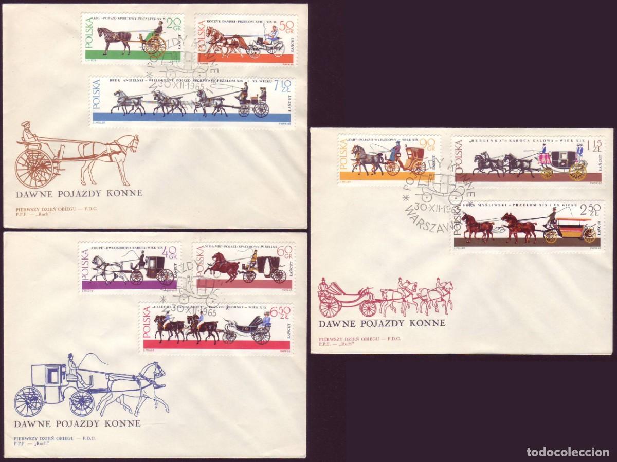 Sellos: 3 FDC Polonia, 1965 | Carruajes (coaches) | Yvert: 1495/503 - Michel: 1644/52