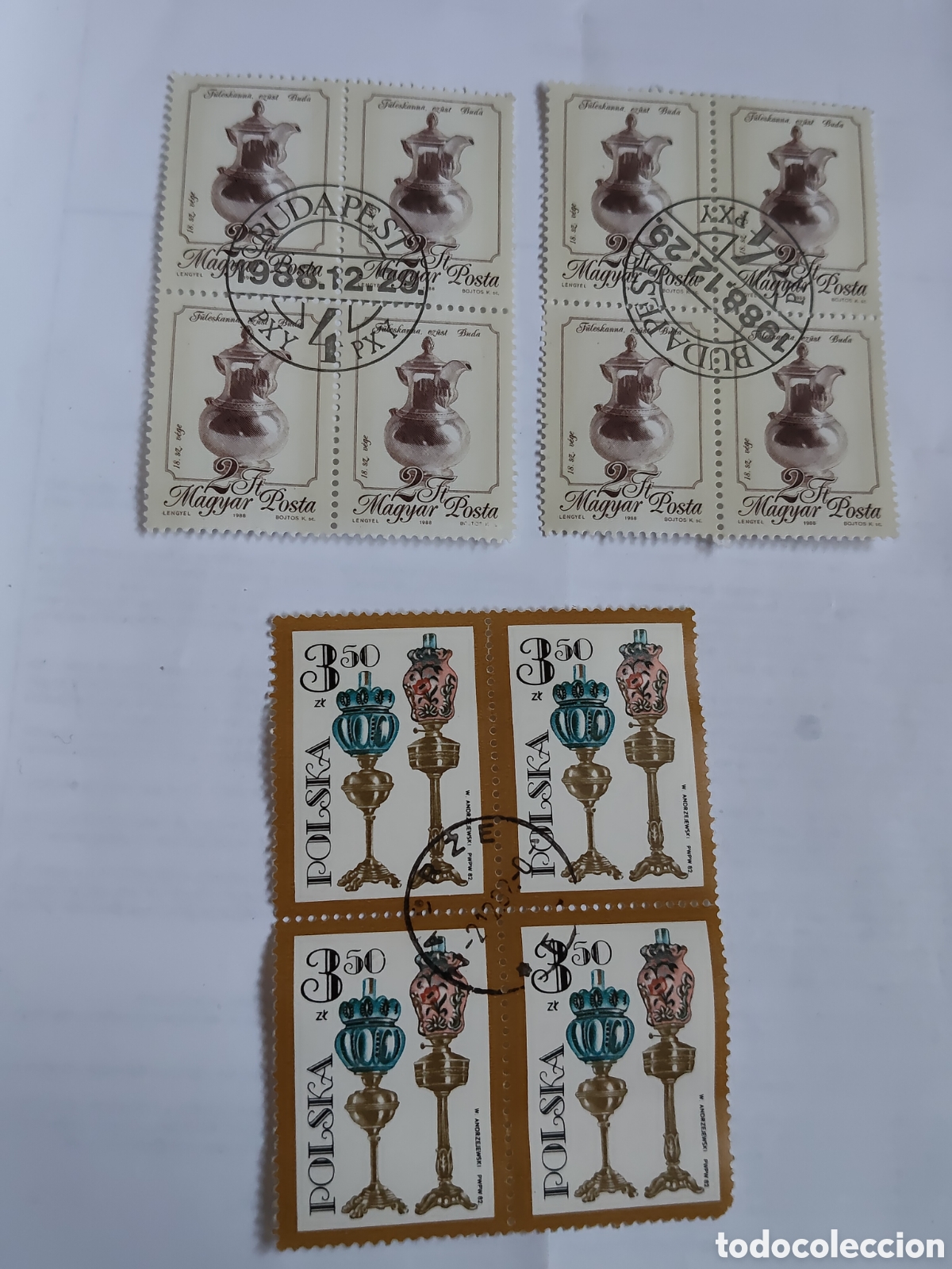 Sellos: 12 Sellos en bloques de 4 de Polonia y Hungr&iacute;a Artesan&iacute;a 1982-88