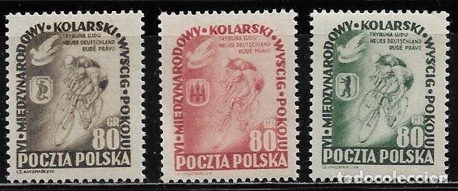 Sellos: POLONIA 1953, Ivert 703/05 - CARRERA CICLISTA DE LA PAZ. MNH.