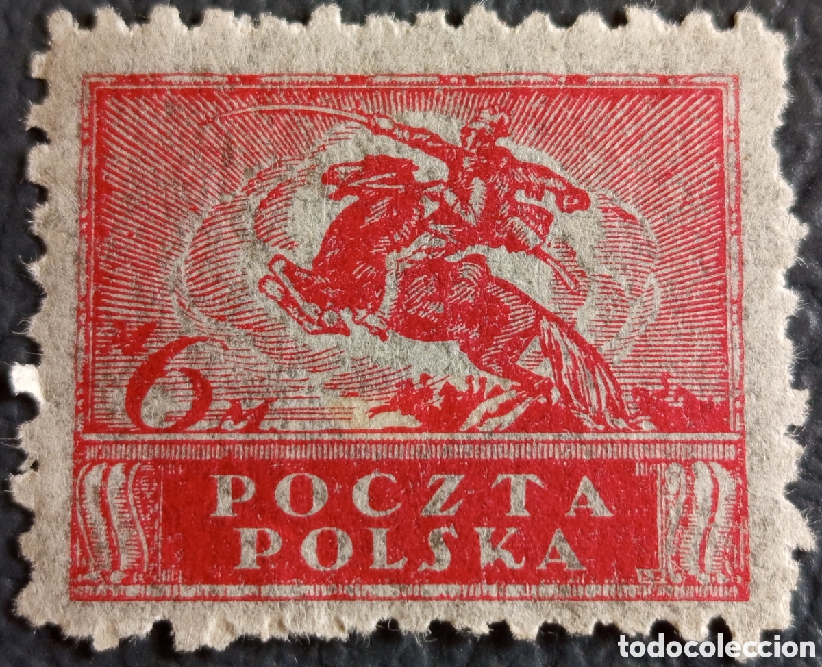 Sellos: Polonia 1919 6 fenig rojo Jinete a caballo MH Scott 64 primera emisi&oacute;n