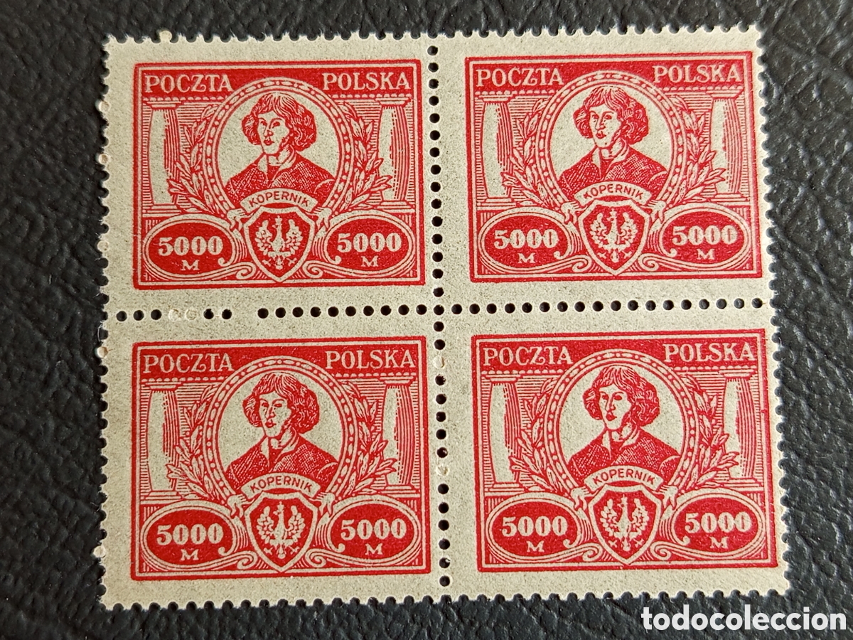 Sellos: Polonia 1923 5000 M Cop&eacute;rnico Kopernik bloque 4 MNH papel fino Scott 183