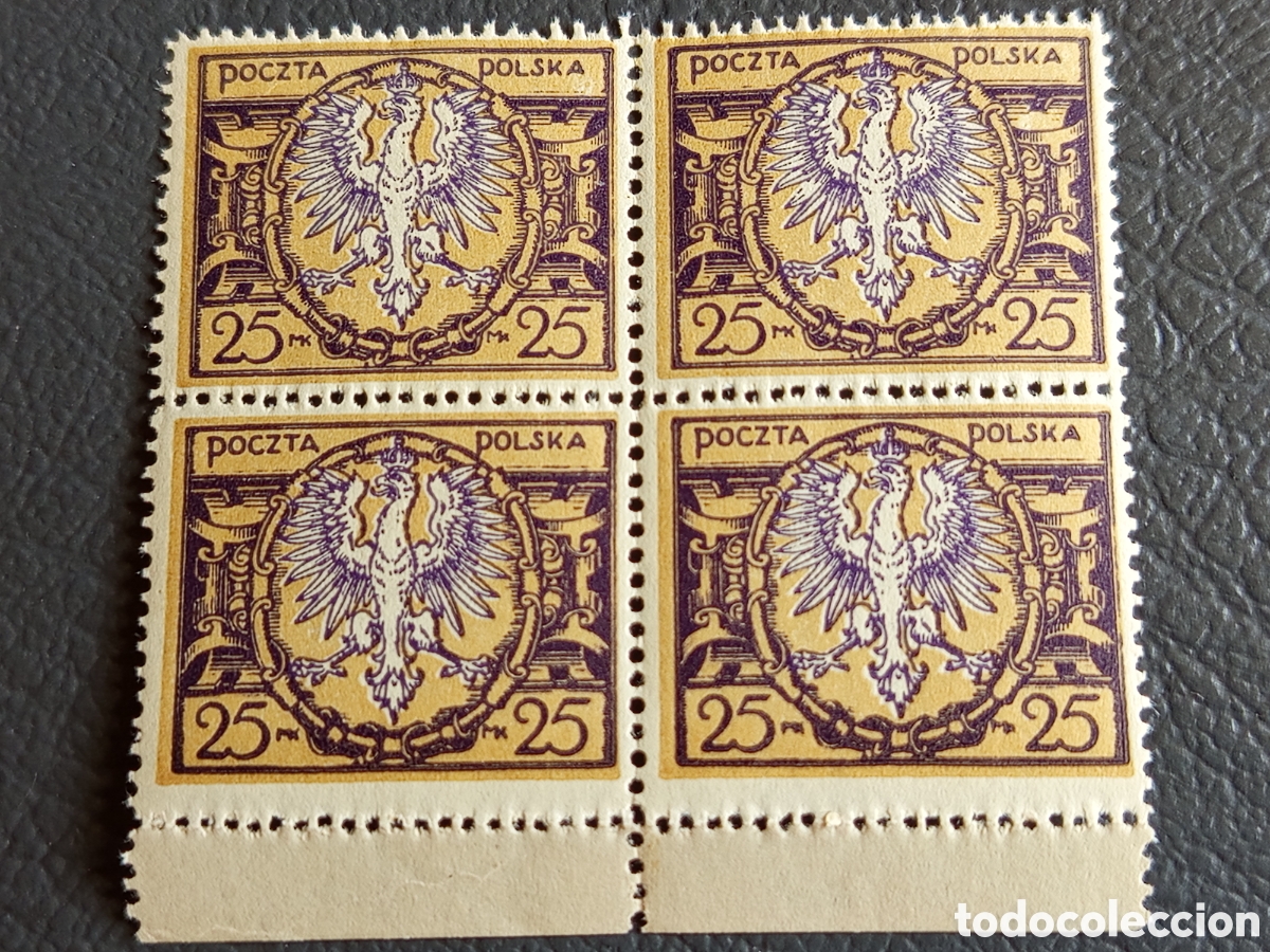 Sellos: Polonia 1921 25 Mk &Aacute;guila violeta/oro bloque 4 con borde MNH Scott 153
