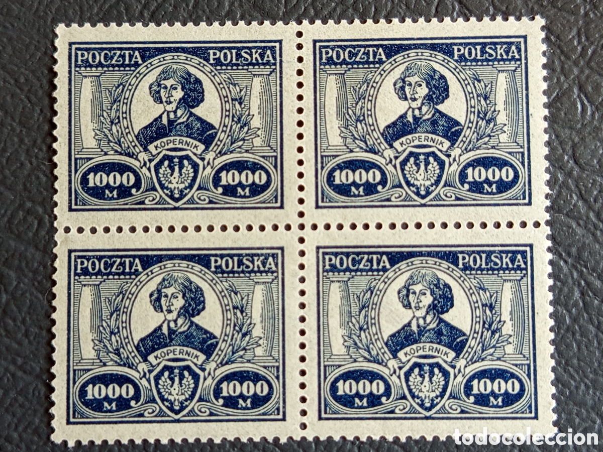 Sellos: Polonia 1923 1000 M Cop&eacute;rnico Kopernik azul bloque 4 MNH papel fino Scott 182