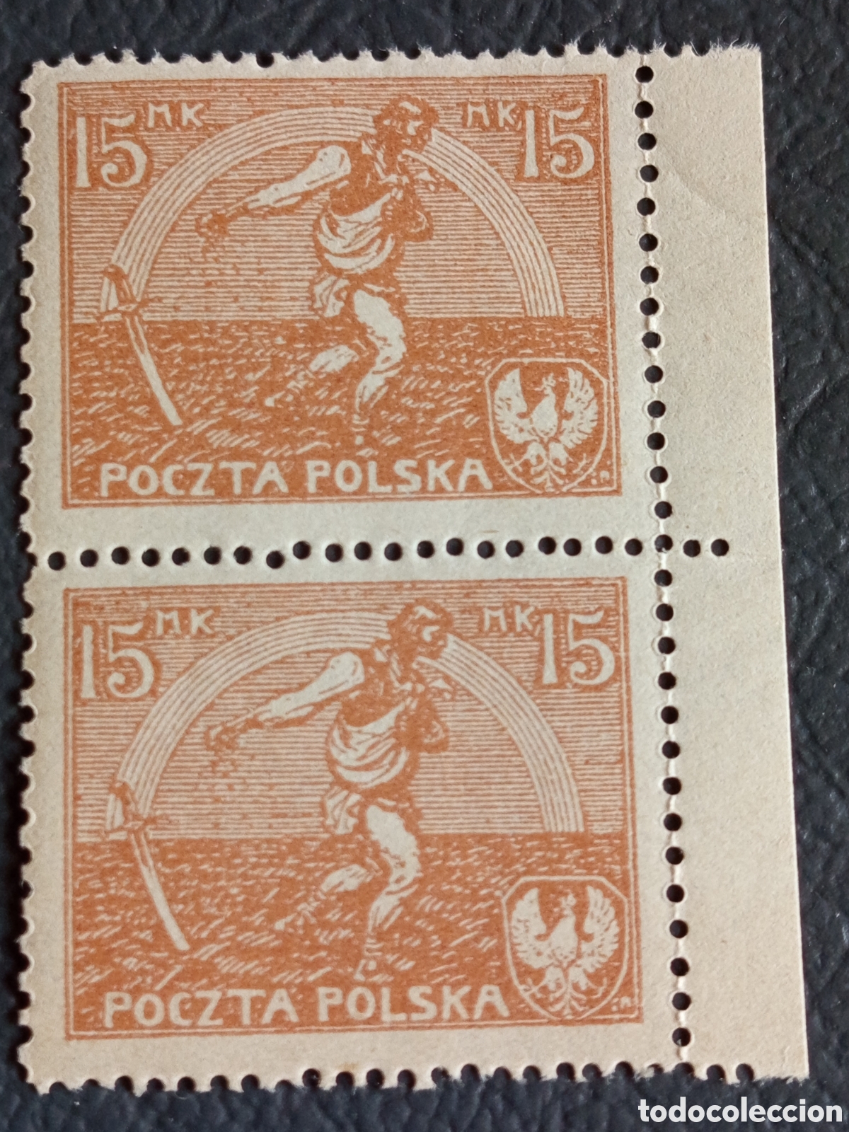 Sellos: Polonia 1921 15 Mk Sembrador par vertical con borde MNH Scott 174