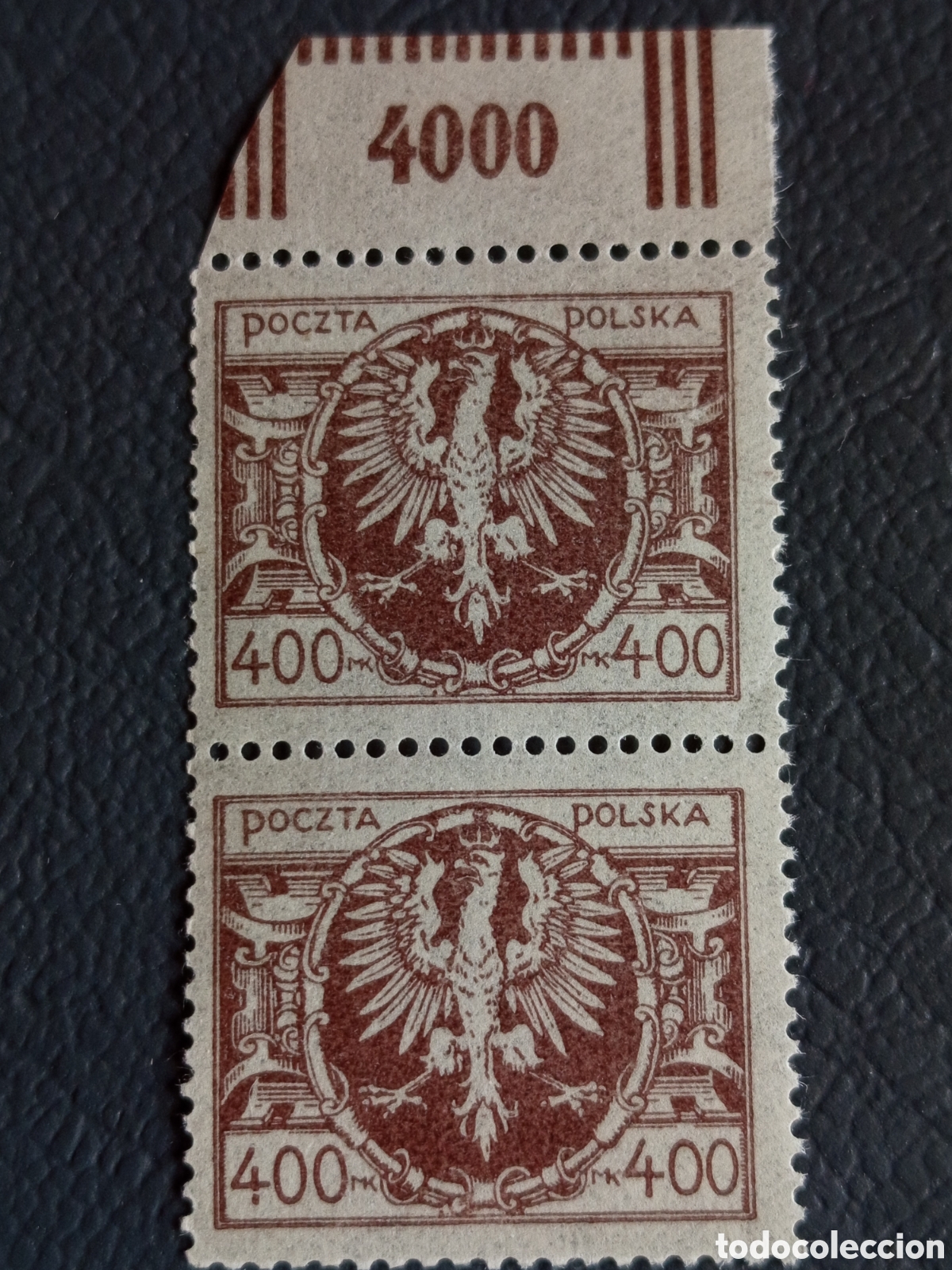 Sellos: Polonia 1921 400 Mk &Aacute;guila marr&oacute;n par vertical borde numerado MNH Scott 160
