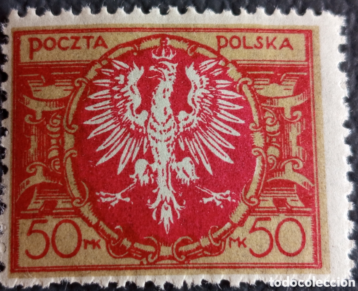 Sellos: Polonia 1921 50 Mk &Aacute;guila bicolor rojo/dorado MNH Scott 161