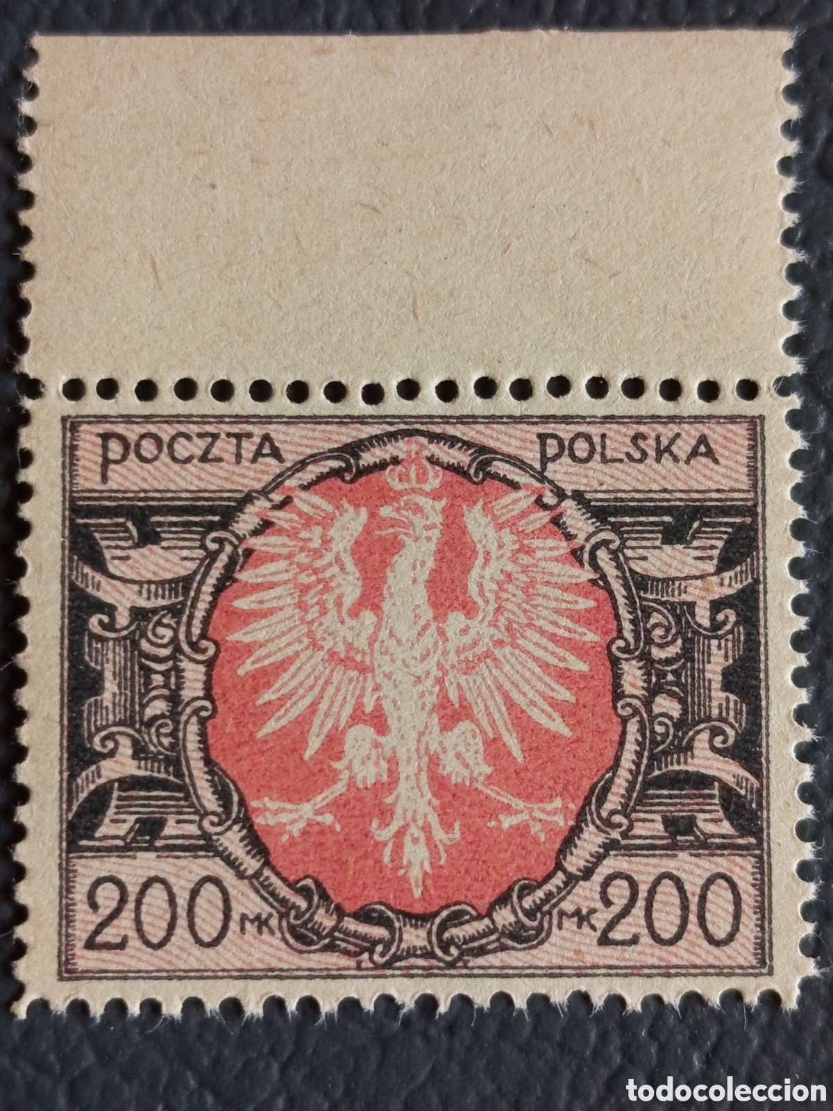 Sellos: Polonia 1921 200 Mk &Aacute;guila bicolor rojo/negro con borde MNH Scott 158