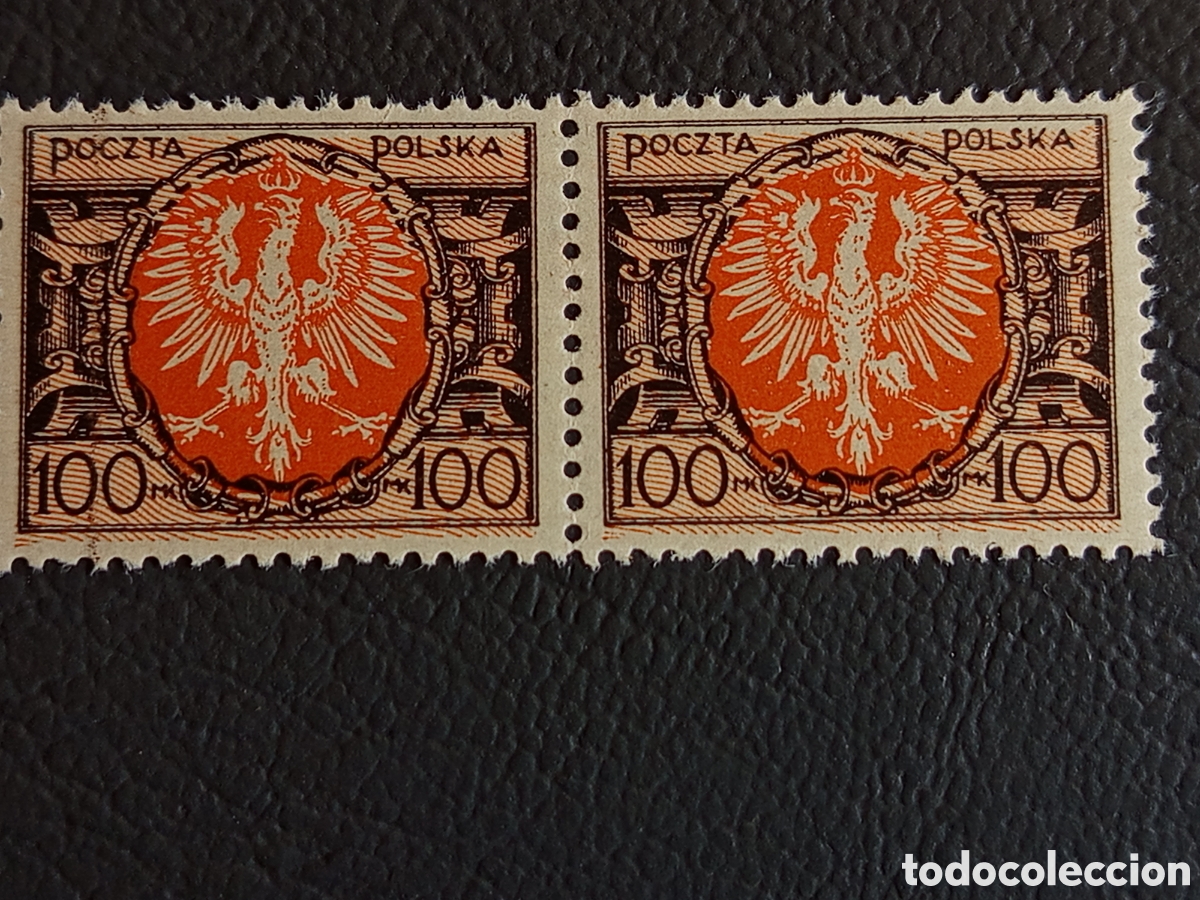Sellos: Polonia 1921 100 Mk &Aacute;guila bicolor naranja/marr&oacute;n par horizontal MNH Scott 157