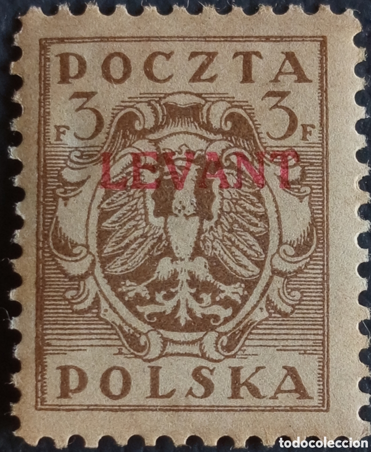 Sellos: Polonia Levante 1919 &mdash; Poczta Polska 3F marr&oacute;n, sobrecargo &rdquo;LEVANT&rdquo; en carm&iacute;n/rojo oscuro &mdash; Scott 2K