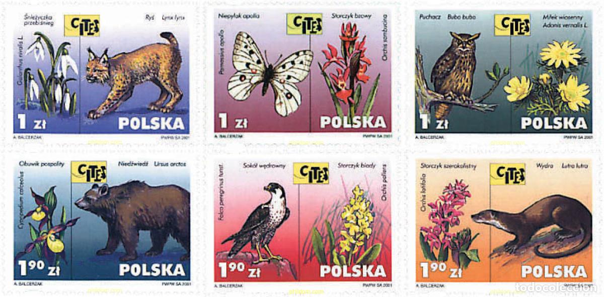 Sellos: 94385 MNH POLONIA 2001 CONVENCION SOBRE EL COMERCIO INTERNACIONAL DE ESPECIES DE FAUNA Y FLORA EN P