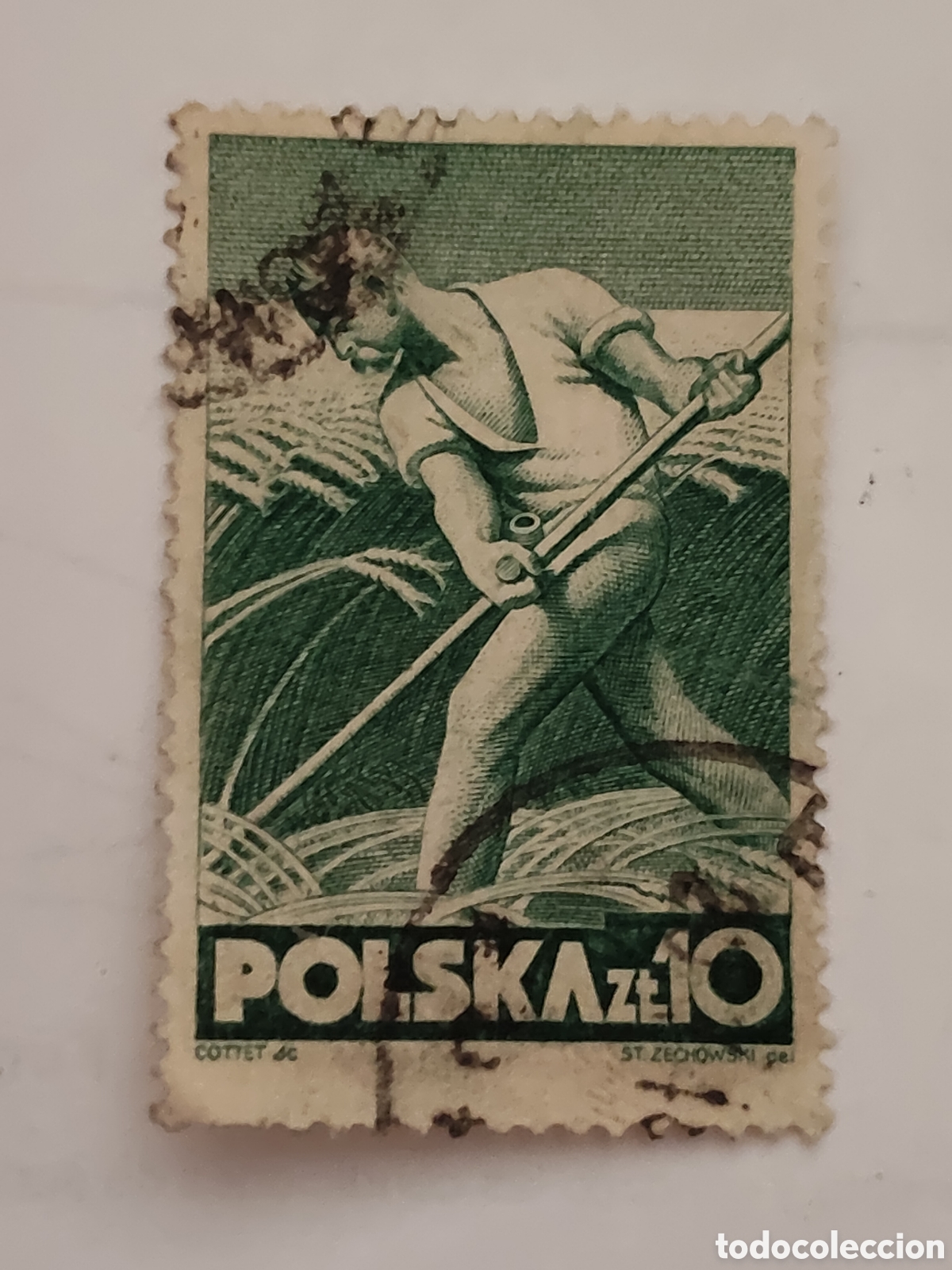 Sellos: Sello de Polonia agricultor segando grano con una guada&ntilde;a 1947 usado