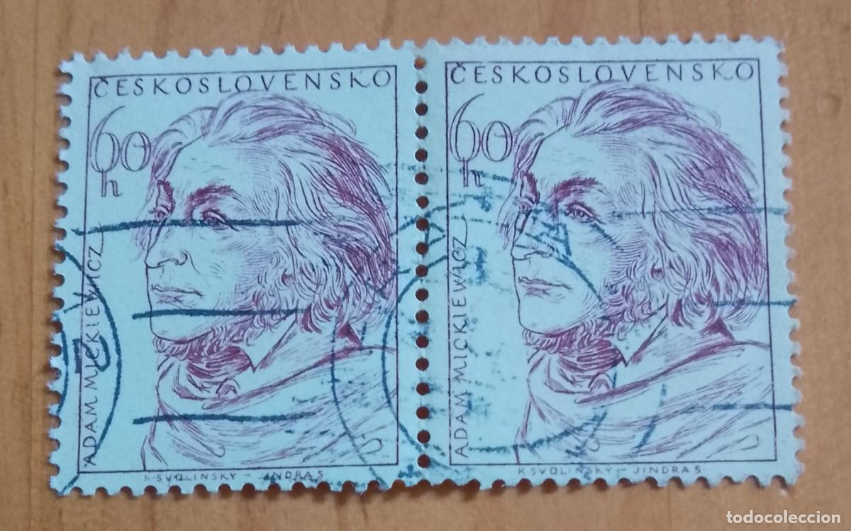 Sellos: CHECOSLOVAQUIA - V/F 60 H - ADAM MICKIEWICZ, POETA - TIRA CON DOS SELLOS, CON GOMA