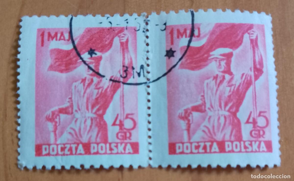 Sellos: POLONIA - V/F 45 GR - 1 MAJ - TRABAJADOR, OPERARIO CON BANDERA - TIRA CON 2 SELLOS.
