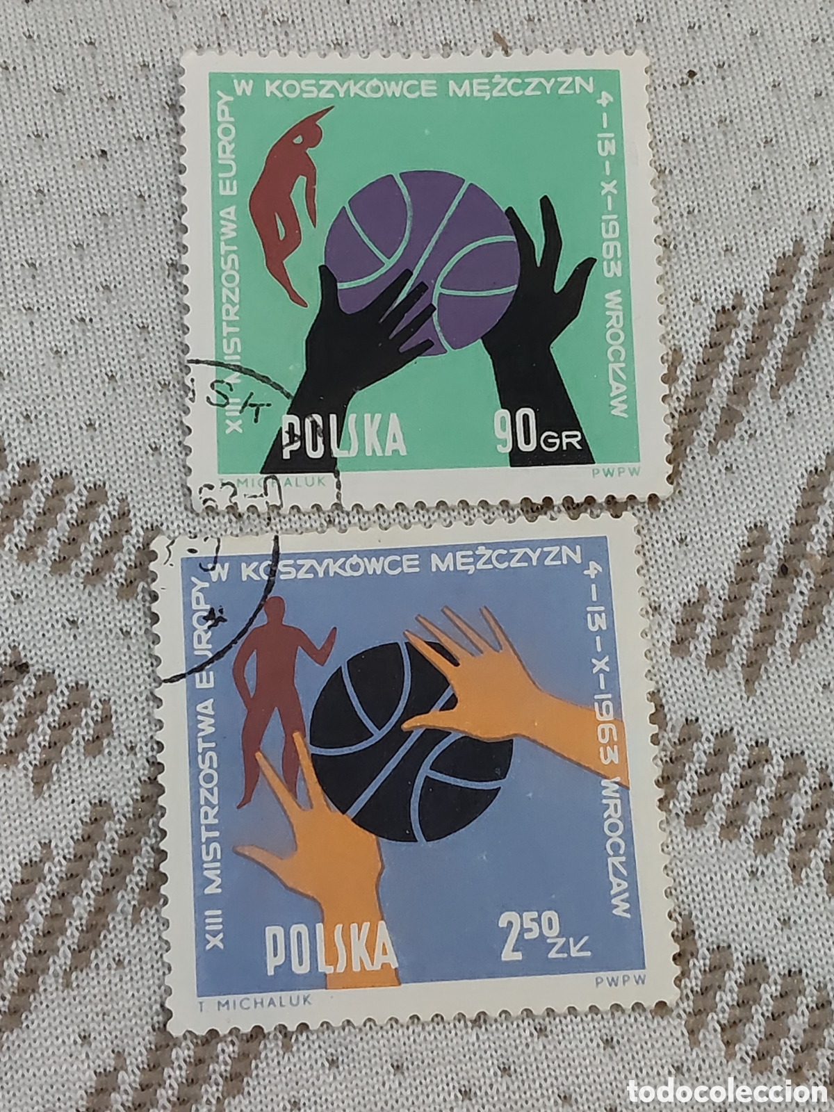 Sellos: 2 Sellos de Polonia Xlll Campeonato europeo de baloncesto masculino 1963