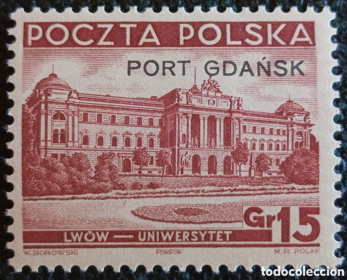 Sellos: Sello Polonia Port Gdańsk 1937 Lw&oacute;w Universidad 15gr Fischer 30 / Michel 32 Nuevo MH