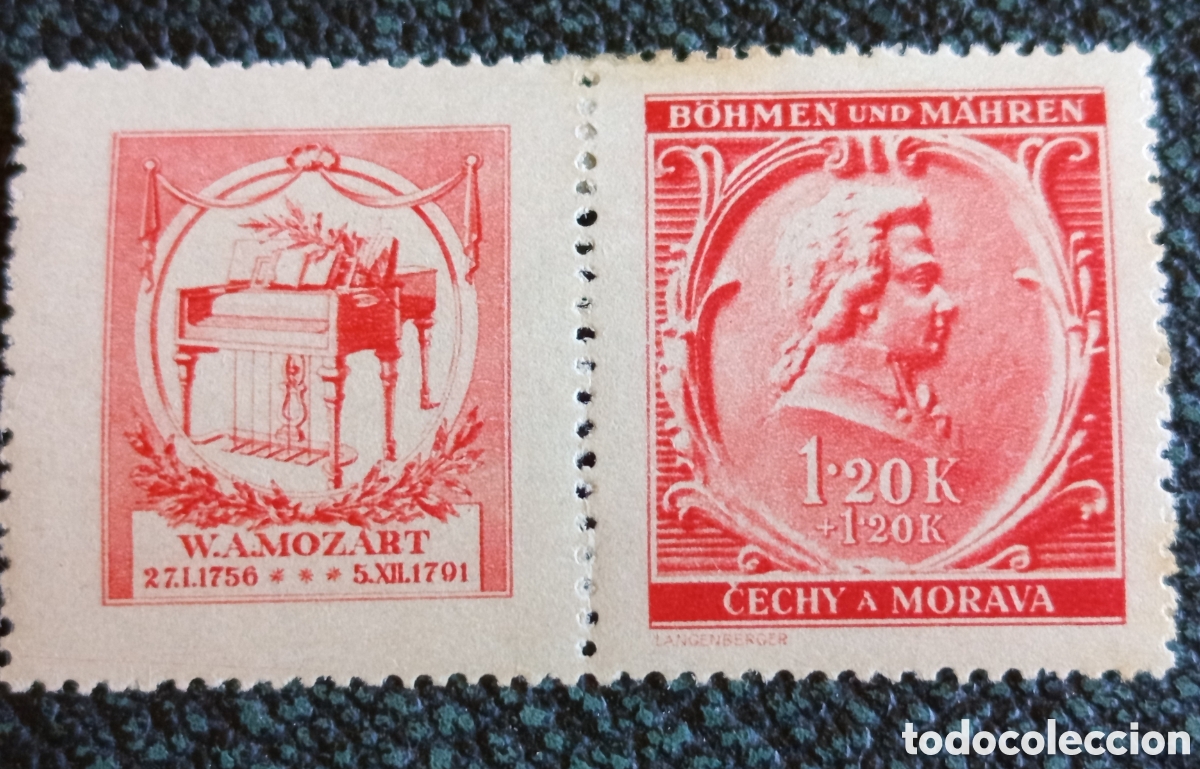 Sellos: Sello de Bohemia y Moravia 1941 Mozart con Vi&ntilde;eta Piano 1.20K Michel 72 Zf MH