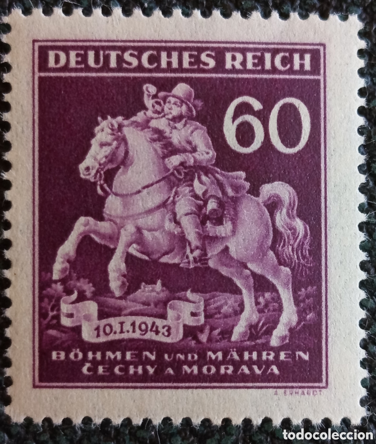 Sellos: Sello Bohemia y Moravia 1943 D&iacute;a del Sello Postill&oacute;n 60h Michel 111