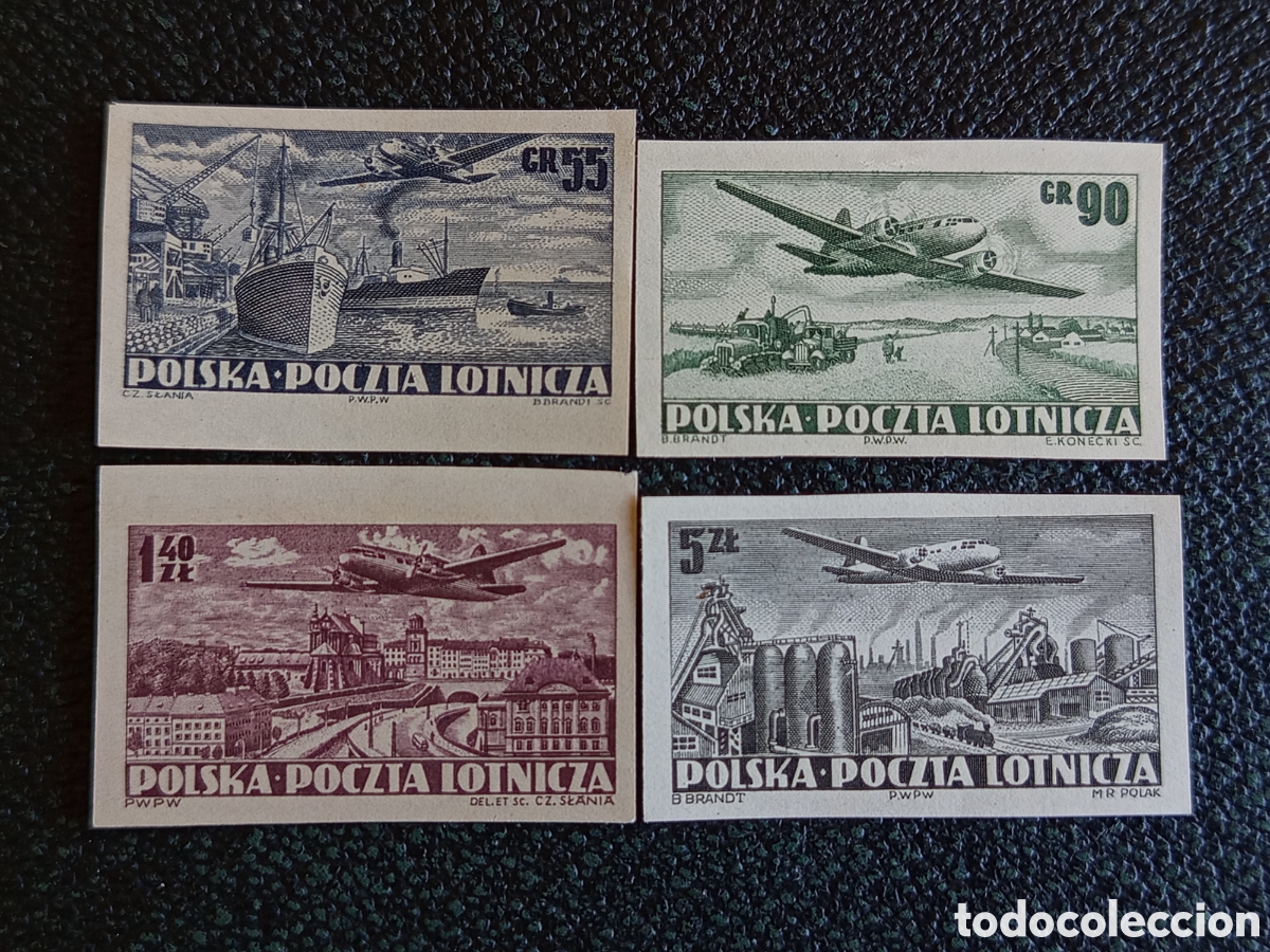Sellos: Lote 4 Sellos Polonia 1952 Correo A&eacute;reo Sin Dentar Aviones MNH Michel 728A/731A