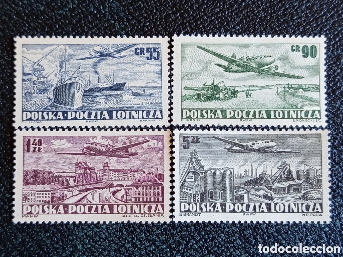 Sellos: Lote 4 Sellos Polonia 1952 Correo A&eacute;reo Dentados Aviones MNH Michel 728B/731B