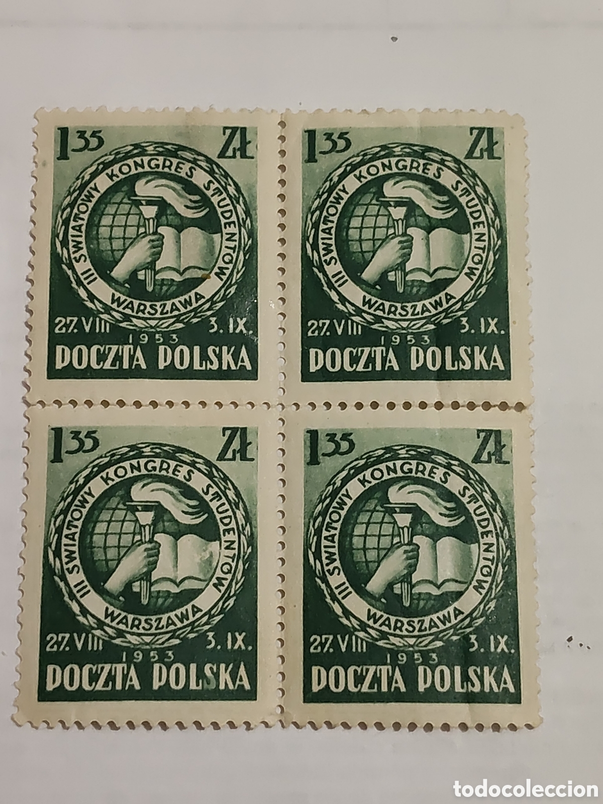 Sellos: Bloque de 4 sellos de Polonia lll congreso mundial de estudiantes celebrado en Varsovia 1953