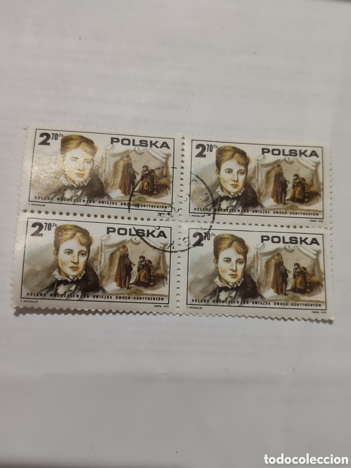 Sellos: Bloque de 4 sellos de Polonia Helena Modrzejewska actriz polaca 1975