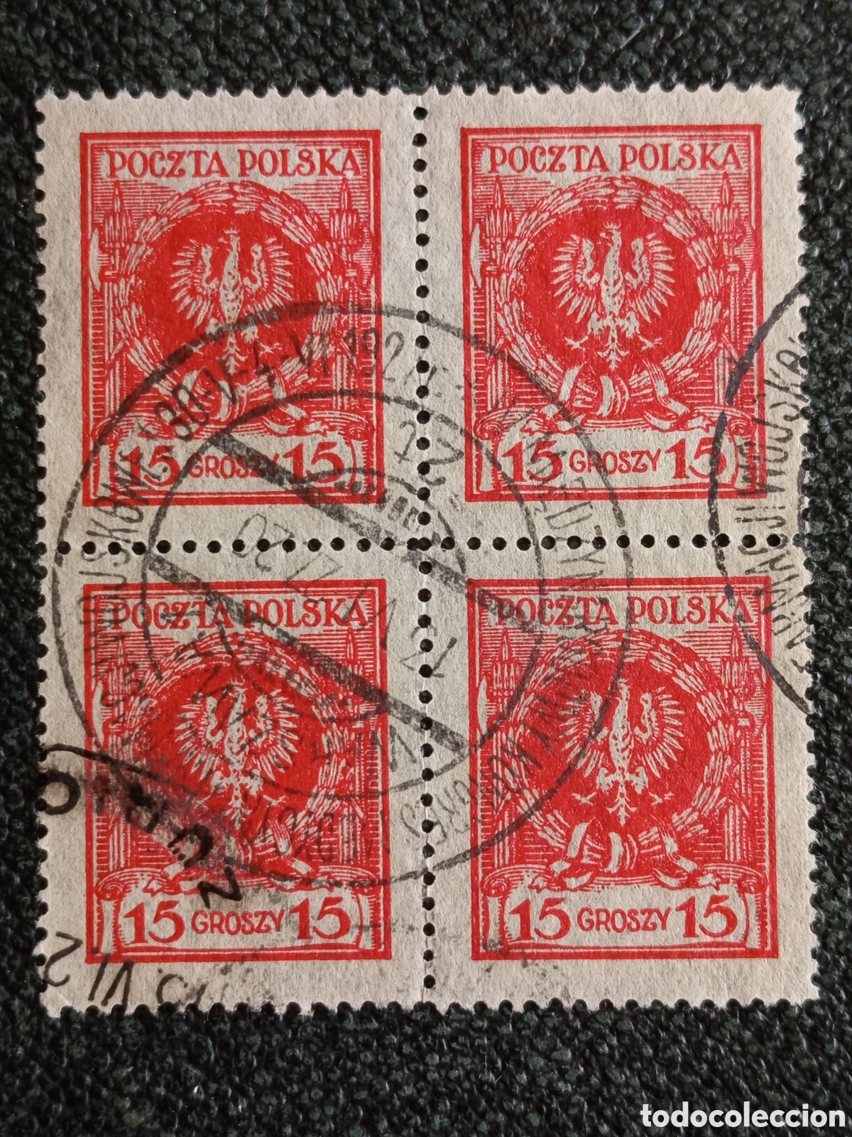 Timbres: Bloque de 4 Sellos Polonia 1924 &Aacute;guila Coronada 15gr Usados Fischer 187