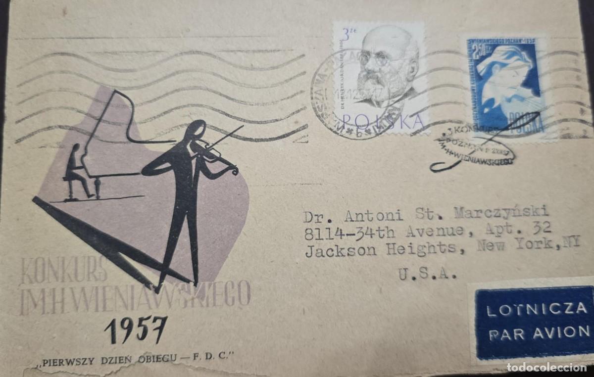 Sellos: TS.)1957, POLAND, FIRST DAY COVER, AIRMAIL, FROM POZNAŃ TO NEW YORK, PRE-PRINTED WITH AN ILLUSTRATIO