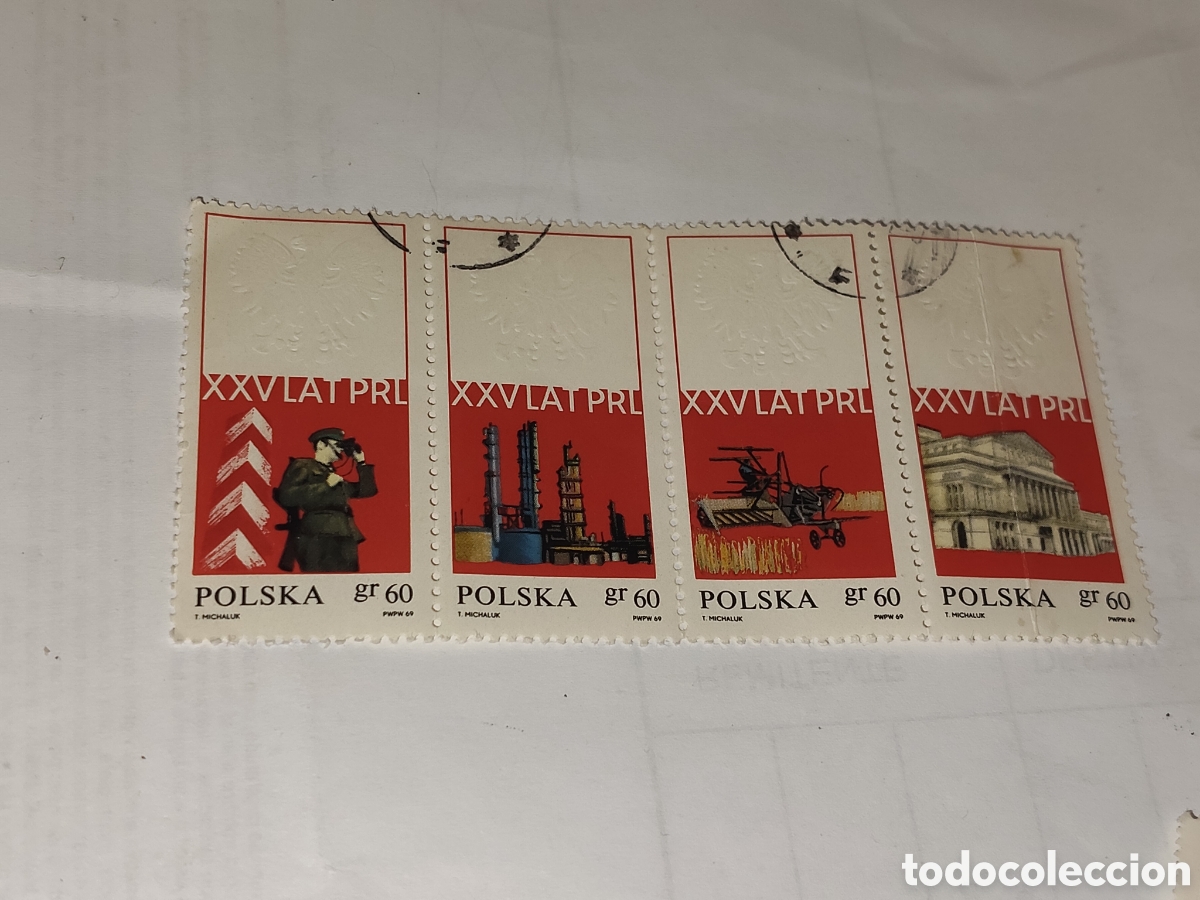 Sellos: Bloque de 4 sellos de Polonia 25 aniversario de la Republica popular de Polonia 1969
