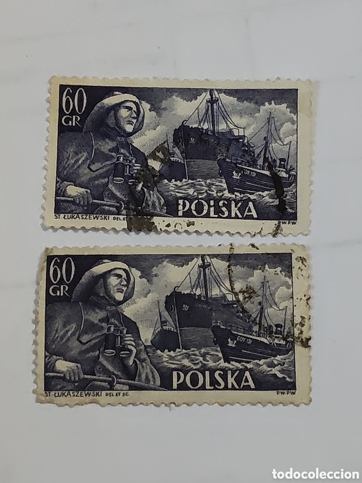 Sellos: 2 sellos de Polonia Barcos Marina mercante pescador 1956