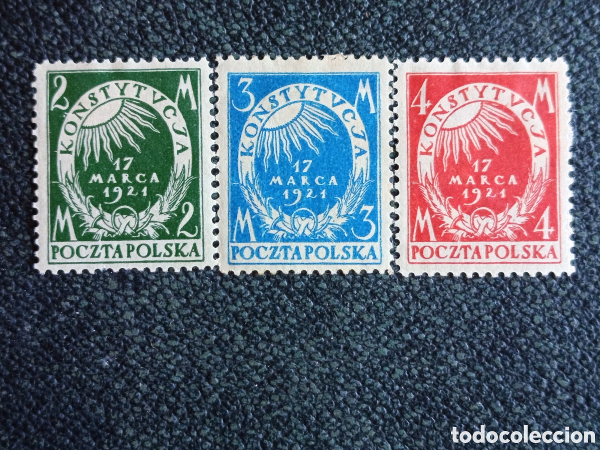 Sellos: Lote 3 Sellos Polonia 1921 Constituci&oacute;n - Michel n&ordm; 163, 164, 165 MH