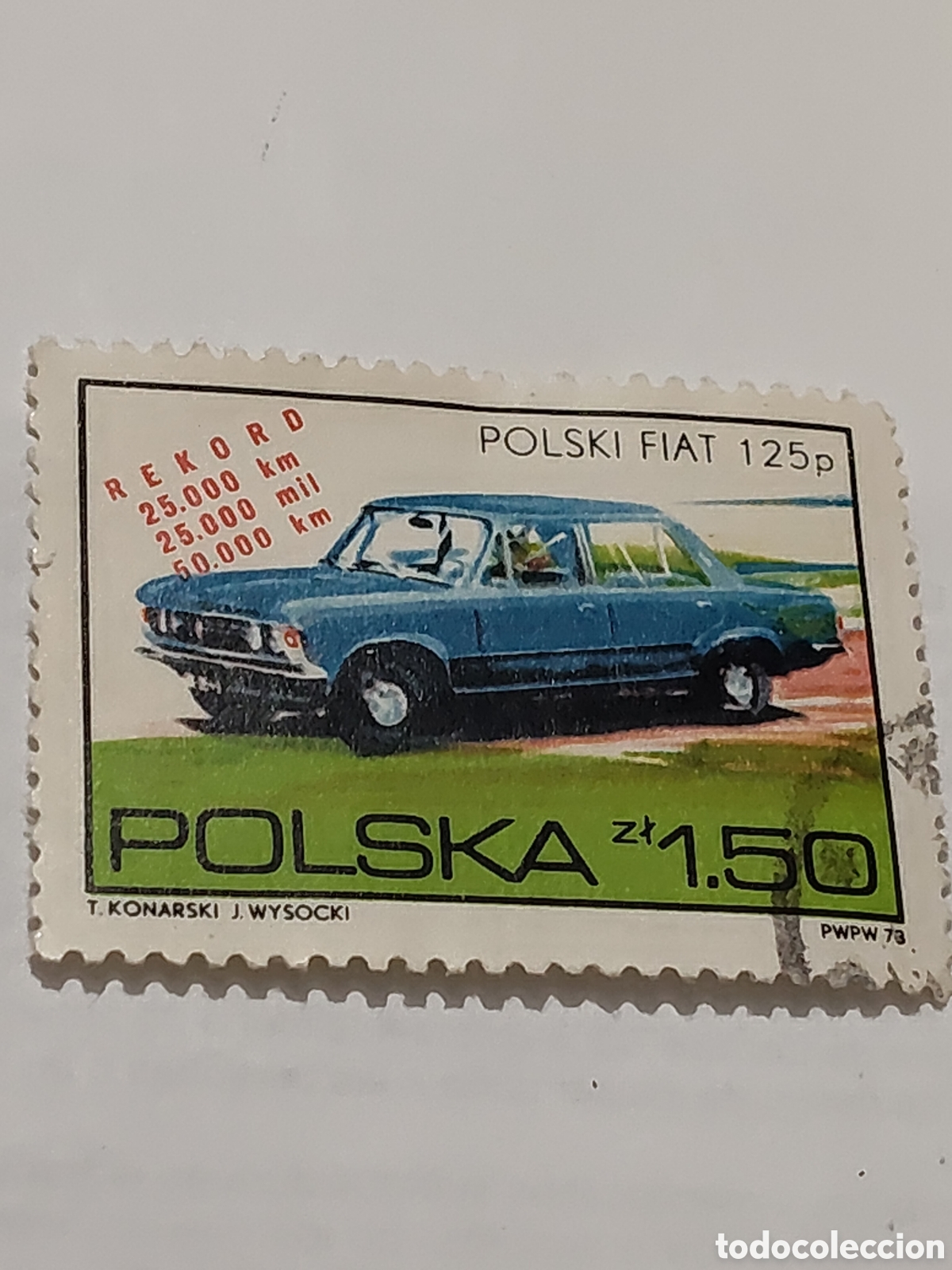 Sellos: Sello de Polonia record de velocidad y resistencia del autom&oacute;vil Polski Fiat 125p 1973