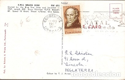 Sellos: Portugal & Circulado,Paquete Brasil Star, Blue Star Lines, Lisboa a Lincoln Inglaterra 1967 (45267)