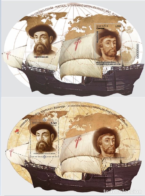 Timbres: ESPA&Ntilde;A - PORTUGAL 2019 EMISI&Oacute;N CONJUNTA 2 HB V CENT DE LA EXPEDICI&Oacute;N MAGALLANES-ELCANO ED HB5340+POR