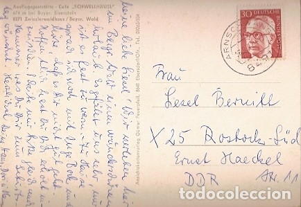 Sellos: Alemania & SaludosZwieslerwaldhaus, Ausflugsgastst&auml;tte Cafe,Arnschwang to DDR  Rostock 1972 (8371)
