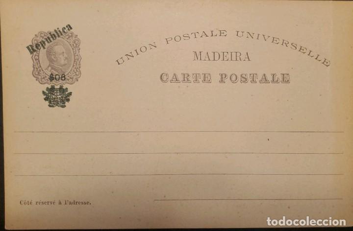 Sellos: O) MADEIRA - PORTUGAL, REY CARLOS I, 20 reis, REP&Uacute;BLICA SOBRE IMPRESI&Oacute;N, ENTERO POSTAL SIN UTILIZA