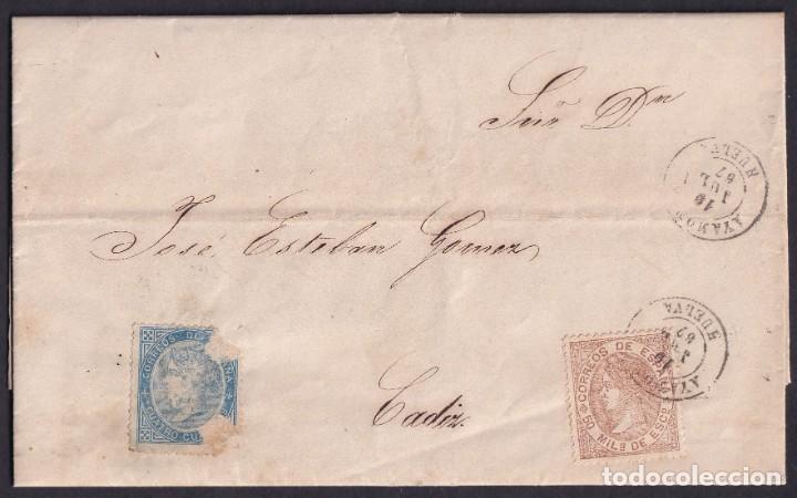 Timbres: 1867. VILLAREAL SAN ANTONIO A C&Aacute;DIZ. 4 CUARTOS AZUL REUTILIZADO Y CADUCADO. 50 MILS. ED. 88 Y 96.